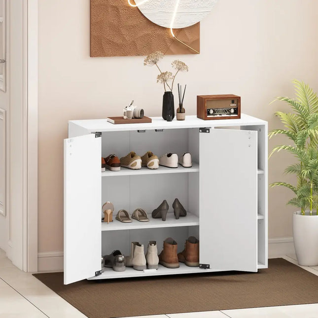 3-Tier Shoe Cabinet with Doors with Adjustable Open Shelves for Entryway-White - White - Shoe Racks & Storage Benches