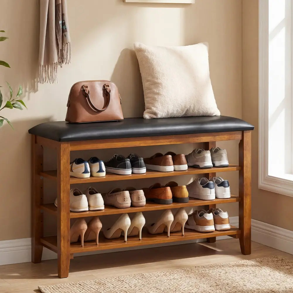 3-Tier Shoe Rack Bench with Adjustable Shelves and Soft Cushion for Entryway and Living Room-Brown - Brown - Shoe Racks