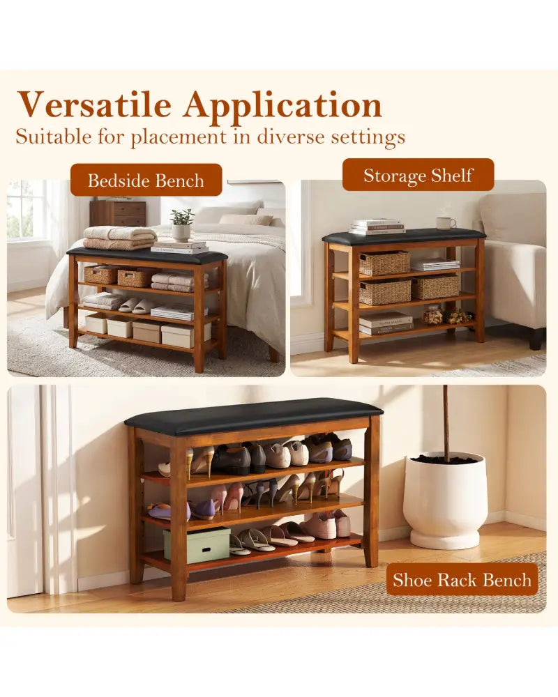 3-Tier Shoe Rack Bench with Adjustable Shelves and Soft Cushion for Entryway and Living Room-Brown - Brown - Shoe Racks