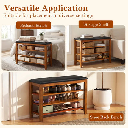 3-Tier Shoe Rack Bench with Adjustable Shelves and Soft Cushion for Entryway and Living Room-Brown - Brown - Shoe Racks