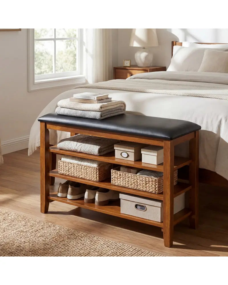 3-Tier Shoe Rack Bench with Adjustable Shelves and Soft Cushion for Entryway and Living Room-Brown - Brown - Shoe Racks
