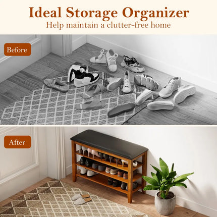3-Tier Shoe Rack Bench with Adjustable Shelves and Soft Cushion for Entryway and Living Room-Brown - Brown - Shoe Racks