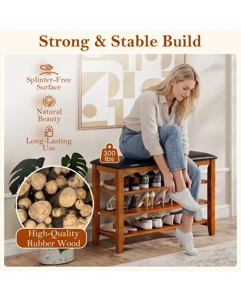 3-Tier Shoe Rack Bench with Adjustable Shelves and Soft Cushion for Entryway and Living Room-Brown - Brown - Shoe Racks