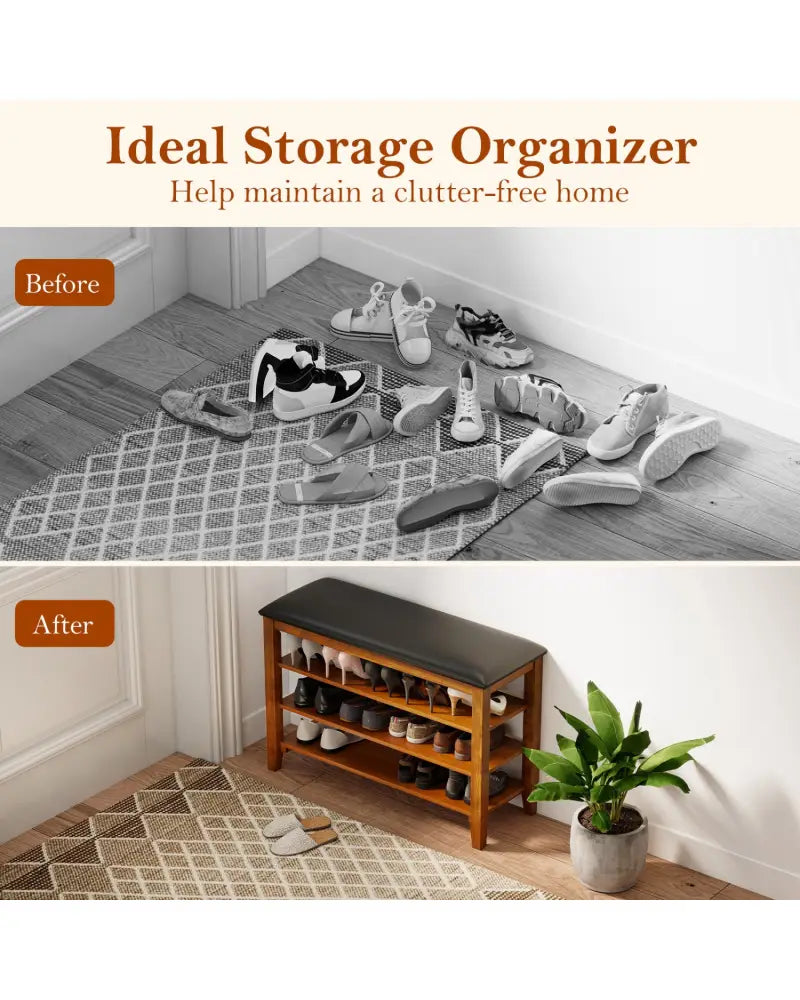 3-Tier Shoe Rack Bench with Adjustable Shelves and Soft Cushion for Entryway and Living Room-Brown - Brown - Shoe Racks