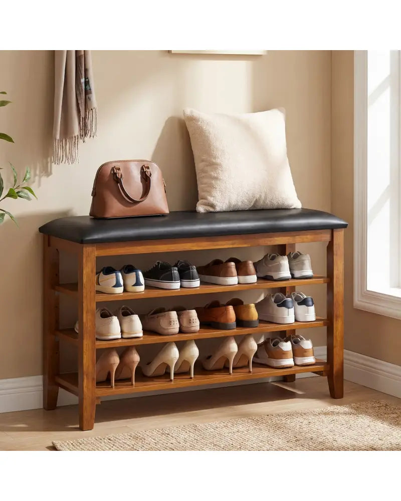 3-Tier Shoe Rack Bench with Adjustable Shelves and Soft Cushion for Entryway and Living Room-Brown - Brown - Shoe Racks