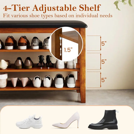 3-Tier Shoe Rack Bench with Adjustable Shelves and Soft Cushion for Entryway and Living Room-Brown - Brown - Shoe Racks