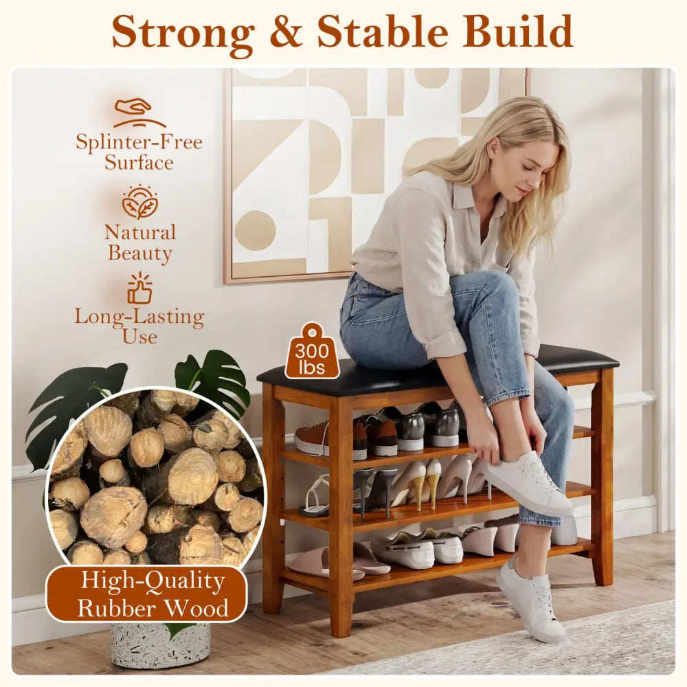 3-Tier Shoe Rack Bench with Adjustable Shelves and Soft Cushion for Entryway and Living Room-Brown - Brown - Shoe Racks