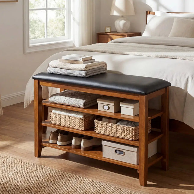 3-Tier Shoe Rack Bench with Adjustable Shelves and Soft Cushion for Entryway and Living Room-Brown - Brown - Shoe Racks