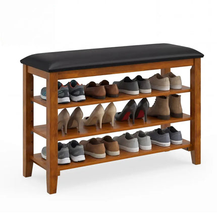3-Tier Shoe Rack Bench with Adjustable Shelves and Soft Cushion for Entryway and Living Room-Brown - Brown - Shoe Racks