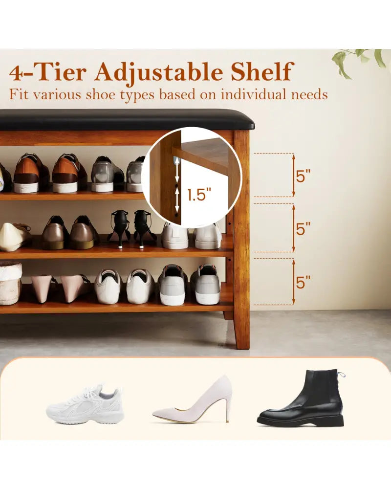 3-Tier Shoe Rack Bench with Adjustable Shelves and Soft Cushion for Entryway and Living Room-Brown - Brown - Shoe Racks