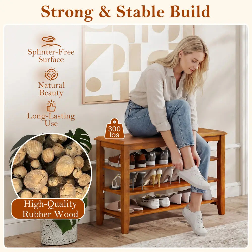 3-Tier Shoe Rack Bench with Adjustable Shelves for Entryway and Living Room-Brown - Brown - Shoe Racks & Storage Benches