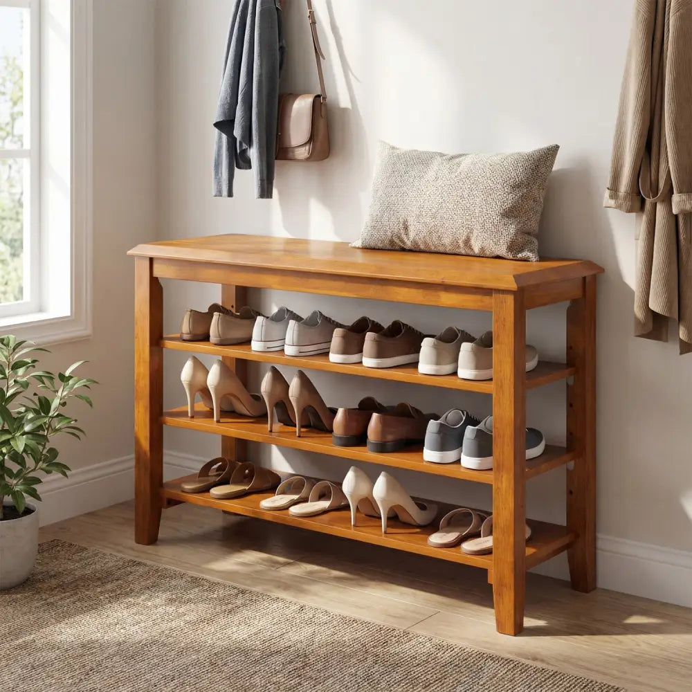 3-Tier Shoe Rack Bench with Adjustable Shelves for Entryway and Living Room-Brown - Brown - Shoe Racks & Storage Benches