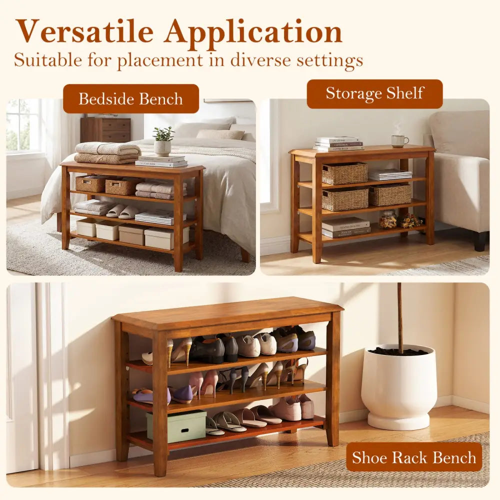 3-Tier Shoe Rack Bench with Adjustable Shelves for Entryway and Living Room-Brown - Brown - Shoe Racks & Storage Benches