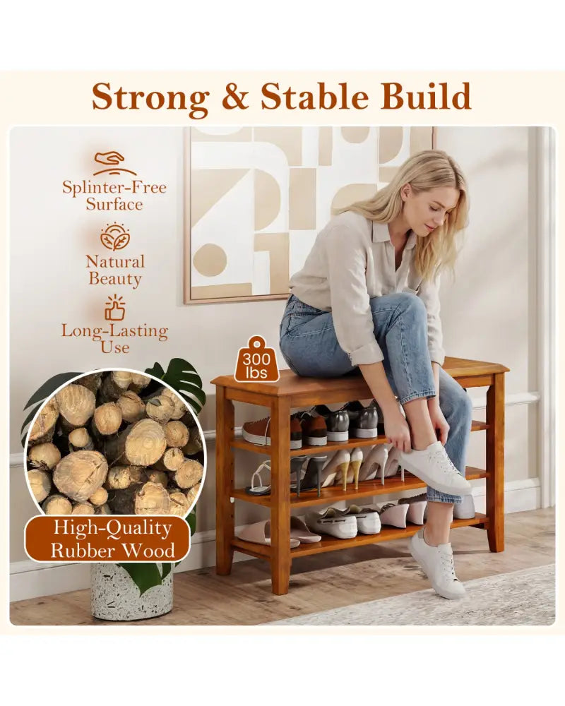 3-Tier Shoe Rack Bench with Adjustable Shelves for Entryway and Living Room-Brown - Brown - Shoe Racks & Storage Benches