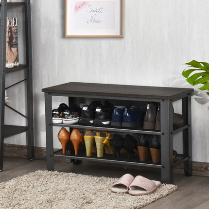 3-Tier Shoe Rack Industrial Shoe Bench with Storage Shelves-Black - Black - Shoe Racks & Storage Benches