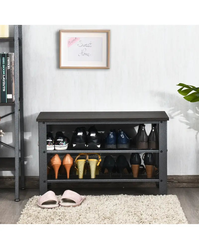 3-Tier Shoe Rack Industrial Shoe Bench with Storage Shelves-Black - Black - Shoe Racks & Storage Benches