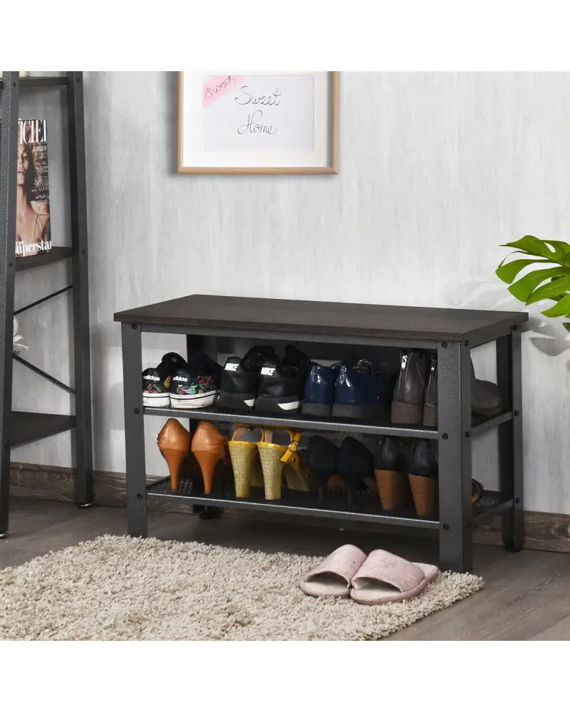 3-Tier Shoe Rack Industrial Shoe Bench with Storage Shelves-Black - Black - Shoe Racks & Storage Benches
