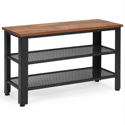 3-Tier Shoe Rack Industrial Shoe Bench with Storage Shelves-Brown - Brown - Shoe Racks & Storage Benches