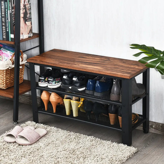 3-Tier Shoe Rack Industrial Shoe Bench with Storage Shelves-Brown - Brown - Shoe Racks & Storage Benches
