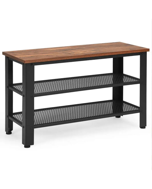 3-Tier Shoe Rack Industrial Shoe Bench with Storage Shelves-Brown - Brown - Shoe Racks & Storage Benches
