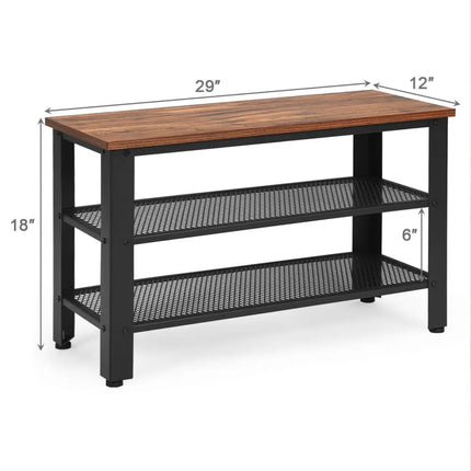 3-Tier Shoe Rack Industrial Shoe Bench with Storage Shelves-Brown - Brown - Shoe Racks & Storage Benches