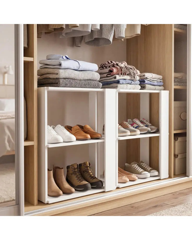 3-Tier Shoe Rack Modern Shoe Organizer with Stackable Design-White - White - Shoe Racks & Storage Benches