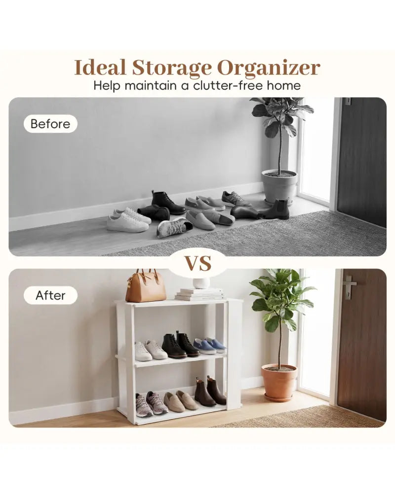 3-Tier Shoe Rack Modern Shoe Organizer with Stackable Design-White - White - Shoe Racks & Storage Benches