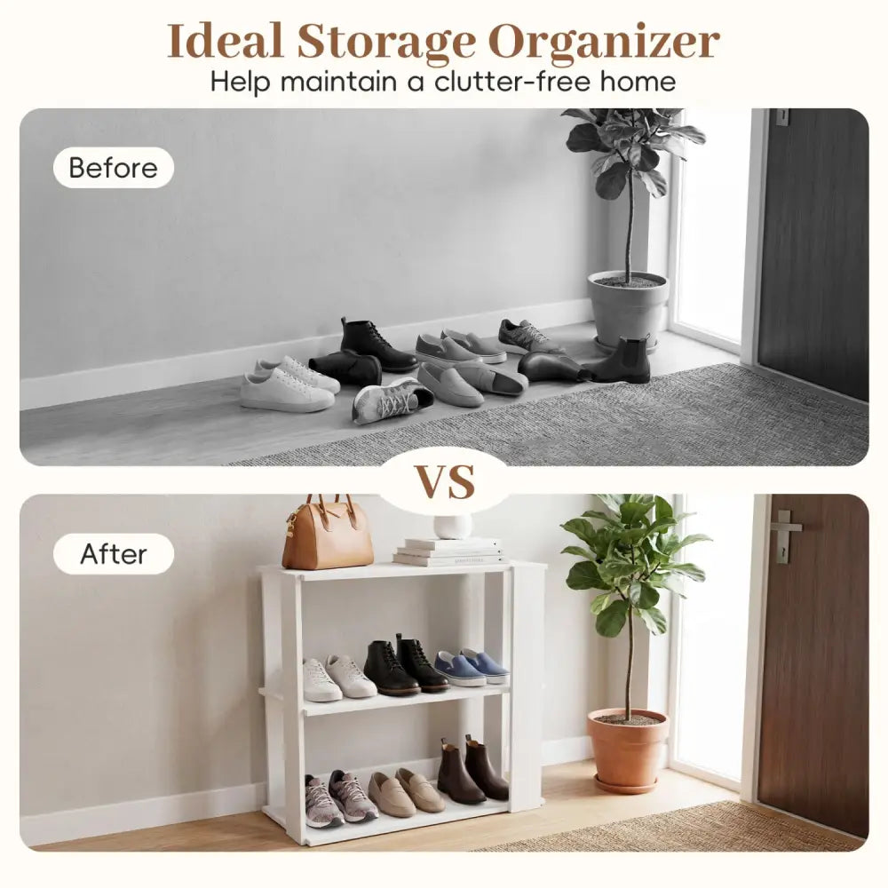 3-Tier Shoe Rack Modern Shoe Organizer with Stackable Design-White - White - Shoe Racks & Storage Benches
