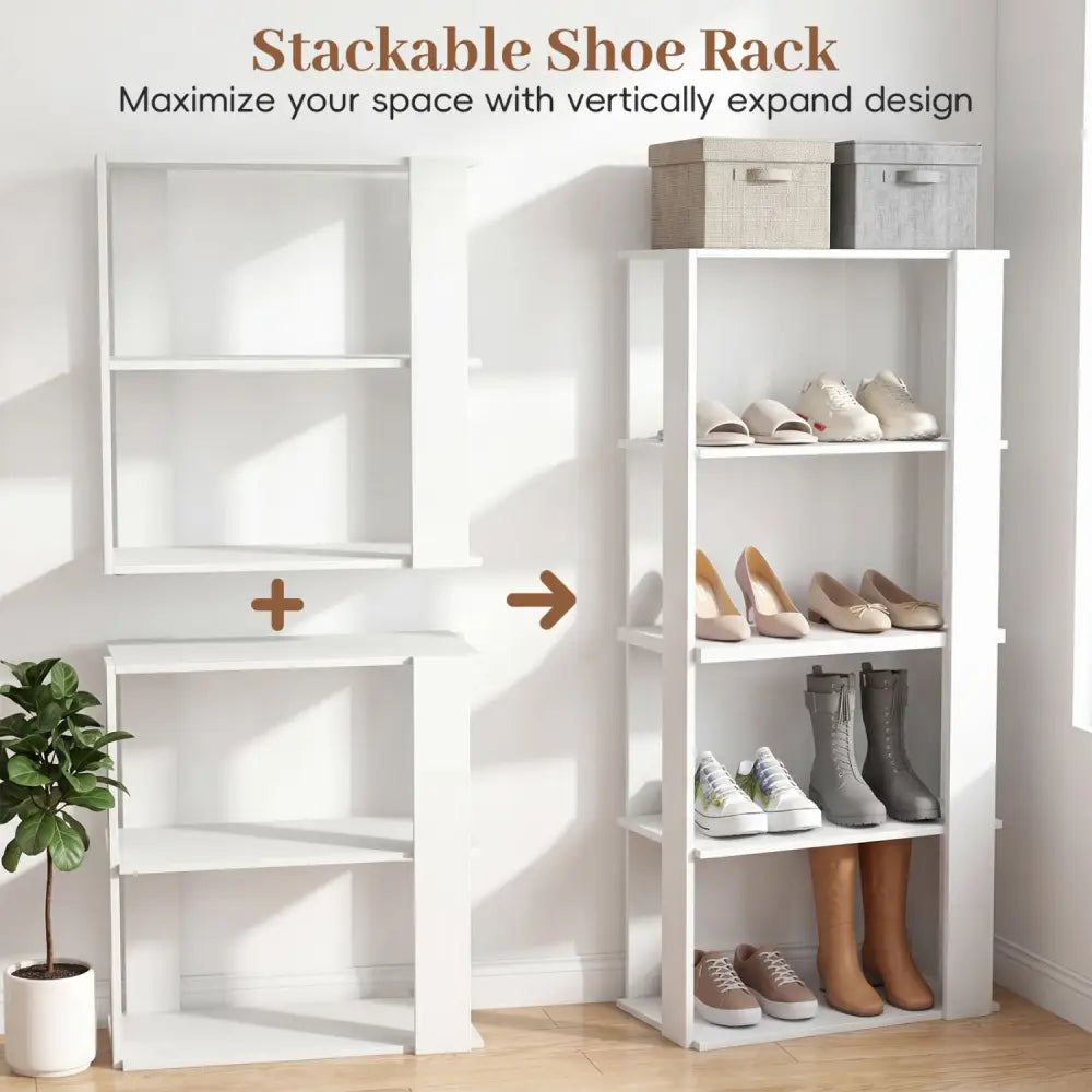 3-Tier Shoe Rack Modern Shoe Organizer with Stackable Design-White - White - Shoe Racks & Storage Benches