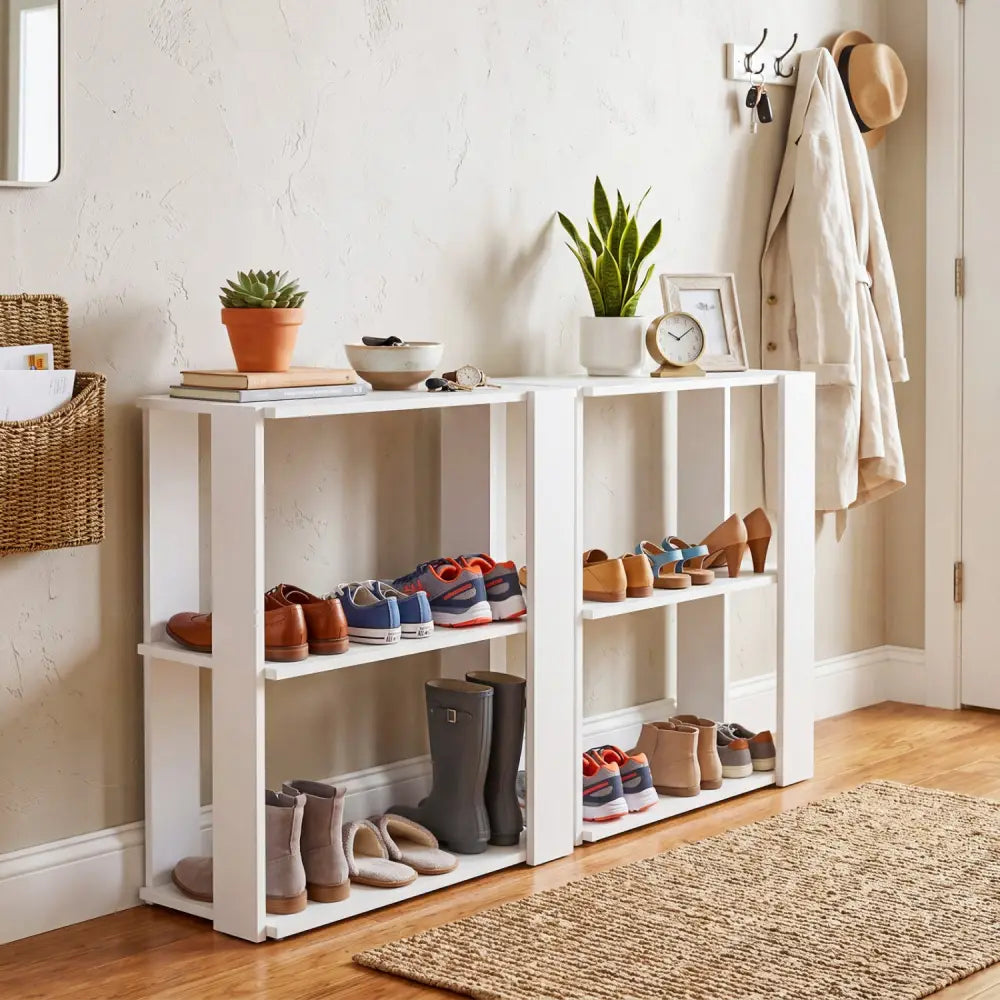 3-Tier Shoe Rack Modern Shoe Organizer with Stackable Design-White - White - Shoe Racks & Storage Benches