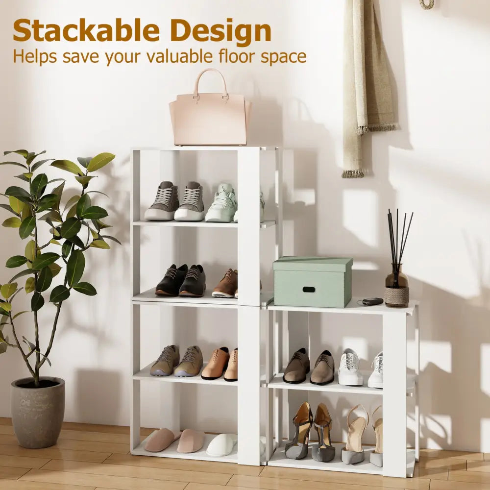 3-Tier Shoe Rack Set of 2 with Stackable Design and Anti-Tipping Device for Closet-White - White - Shoe Racks & Storage