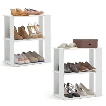3-Tier Shoe Rack Set of 2 with Stackable Design and Anti-Tipping Device for Closet-White - White - Shoe Racks & Storage
