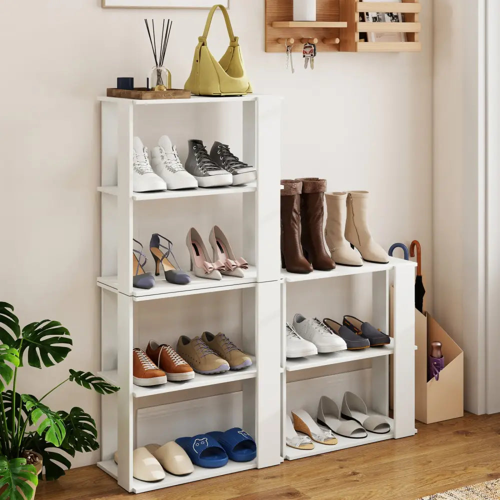 3-Tier Shoe Rack Set of 2 with Stackable Design and Anti-Tipping Device for Closet-White - White - Shoe Racks & Storage