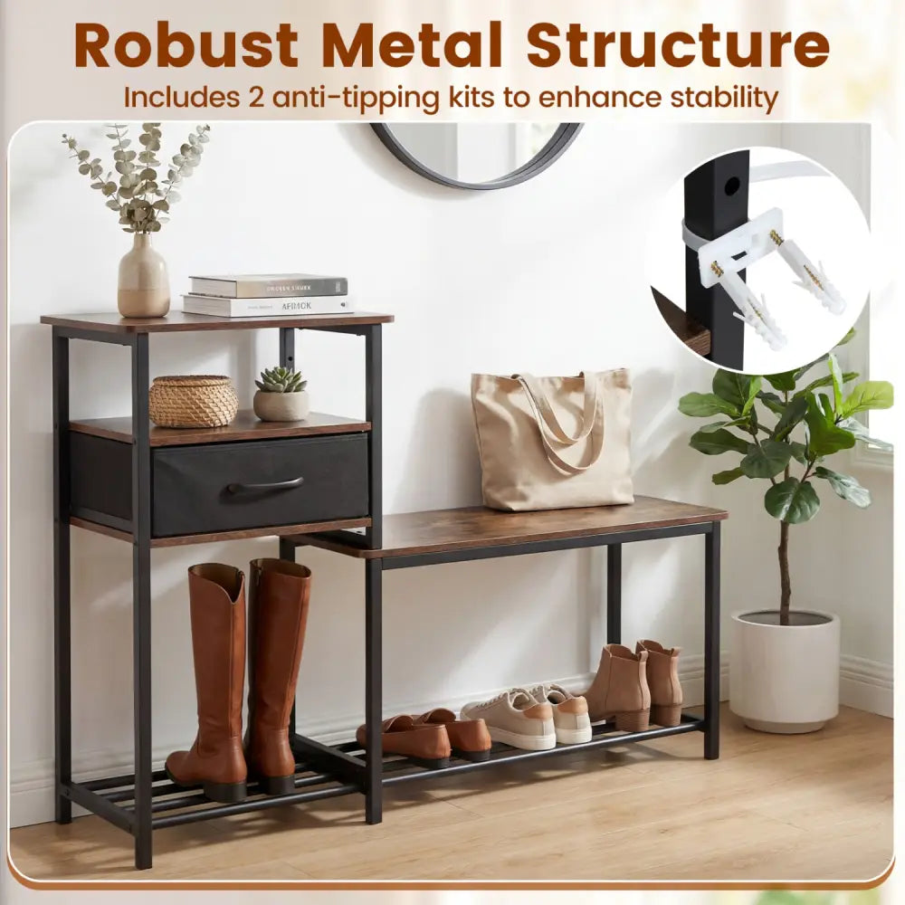 3-Tier Shoe Storage Rack Bench with Drawer and Metal Frame-Rustic Brown - Rustic Brown - Shoe Racks & Storage Benches