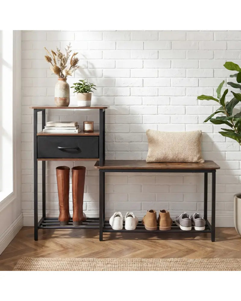 3-Tier Shoe Storage Rack Bench with Drawer and Metal Frame-Rustic Brown - Rustic Brown - Shoe Racks & Storage Benches
