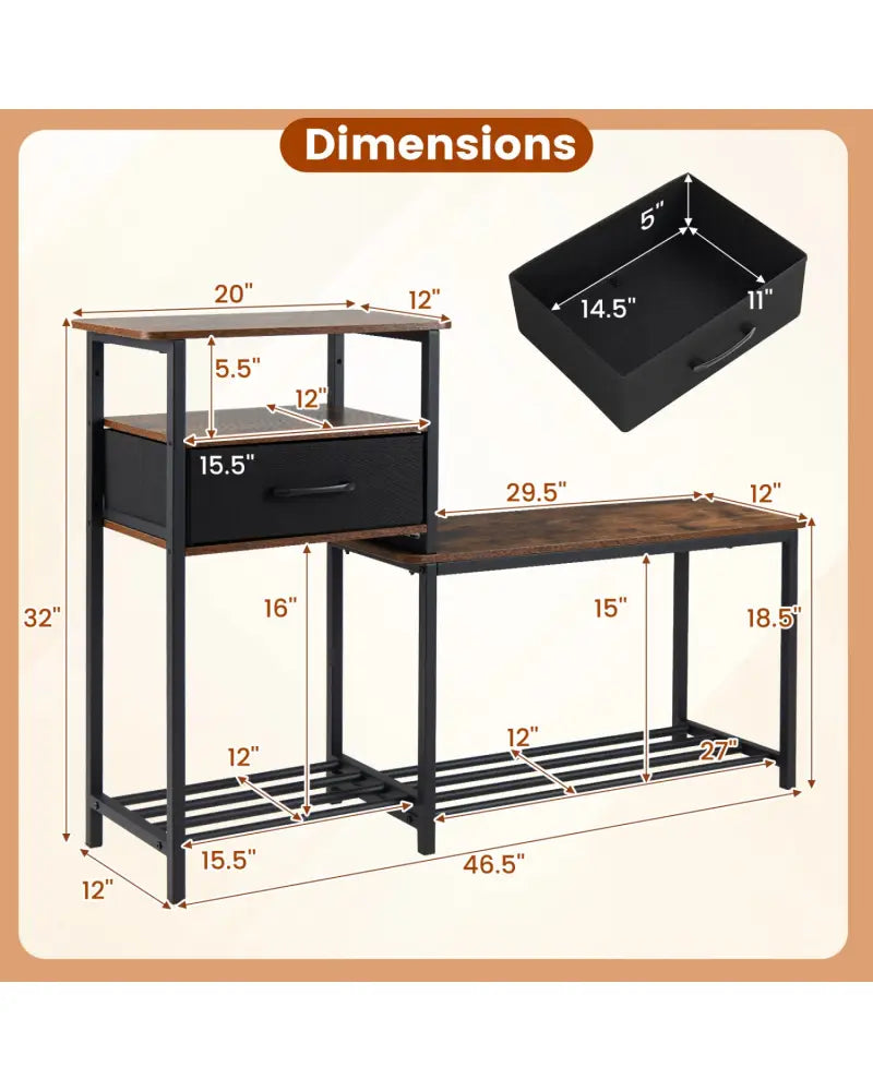 3-Tier Shoe Storage Rack Bench with Drawer and Metal Frame-Rustic Brown - Rustic Brown - Shoe Racks & Storage Benches