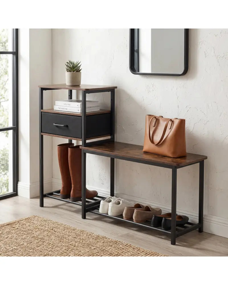 3-Tier Shoe Storage Rack Bench with Drawer and Metal Frame-Rustic Brown - Rustic Brown - Shoe Racks & Storage Benches