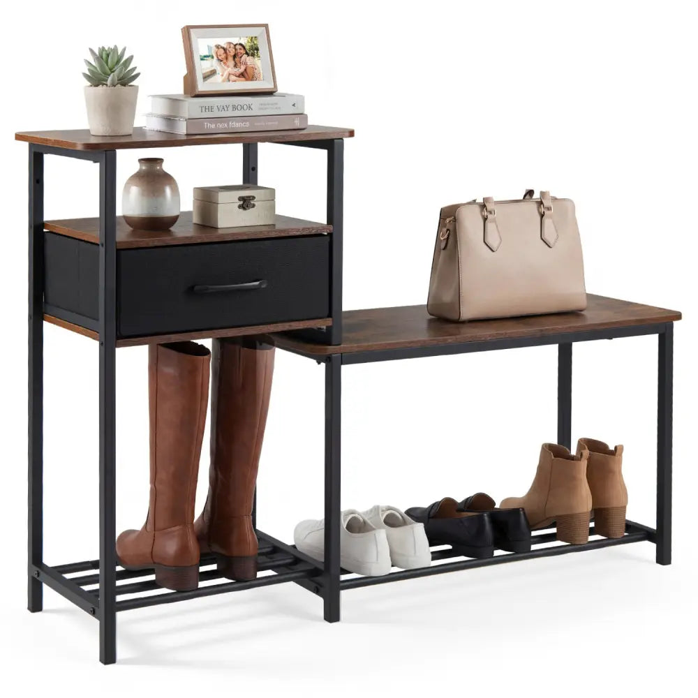 3-Tier Shoe Storage Rack Bench with Drawer and Metal Frame-Rustic Brown - Rustic Brown - Shoe Racks & Storage Benches