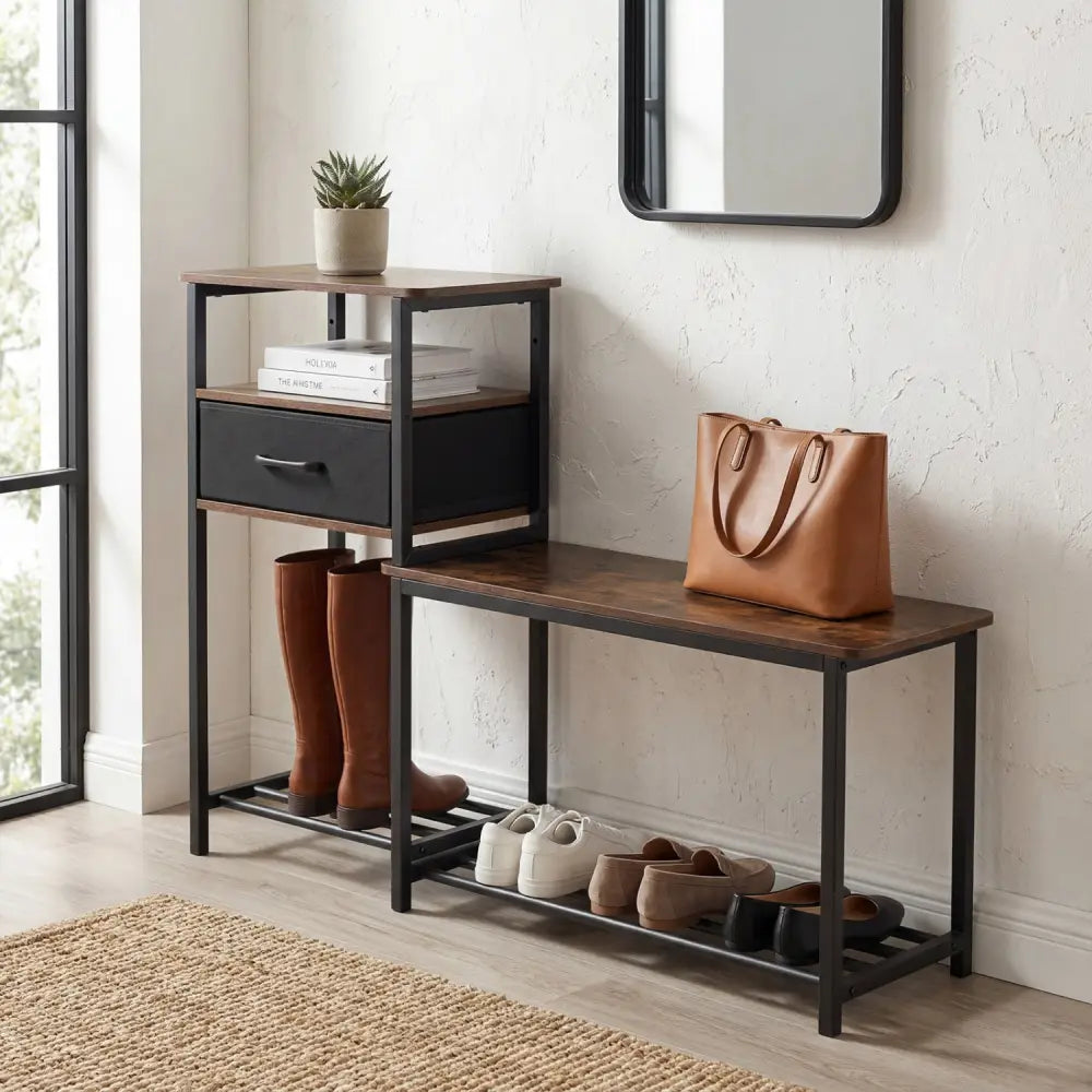 3-Tier Shoe Storage Rack Bench with Drawer and Metal Frame-Rustic Brown - Rustic Brown - Shoe Racks & Storage Benches