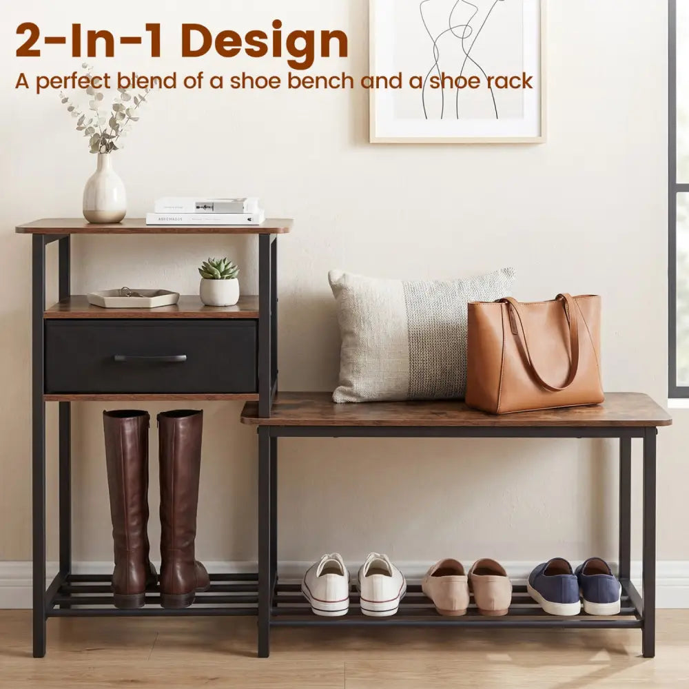 3-Tier Shoe Storage Rack Bench with Drawer and Metal Frame-Rustic Brown - Rustic Brown - Shoe Racks & Storage Benches