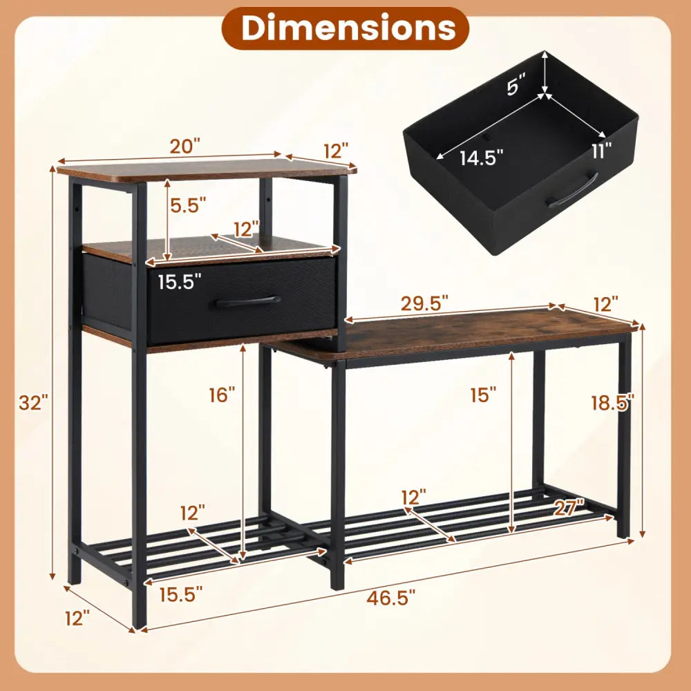 3-Tier Shoe Storage Rack Bench with Drawer and Metal Frame-Rustic Brown - Rustic Brown - Shoe Racks & Storage Benches