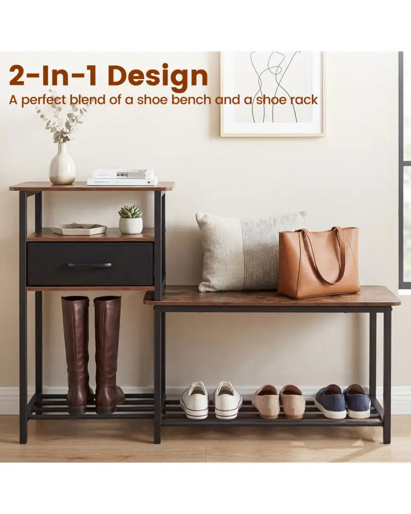 3-Tier Shoe Storage Rack Bench with Drawer and Metal Frame-Rustic Brown - Rustic Brown - Shoe Racks & Storage Benches