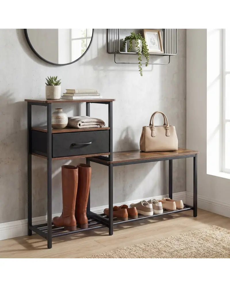3-Tier Shoe Storage Rack Bench with Drawer and Metal Frame-Rustic Brown - Rustic Brown - Shoe Racks & Storage Benches