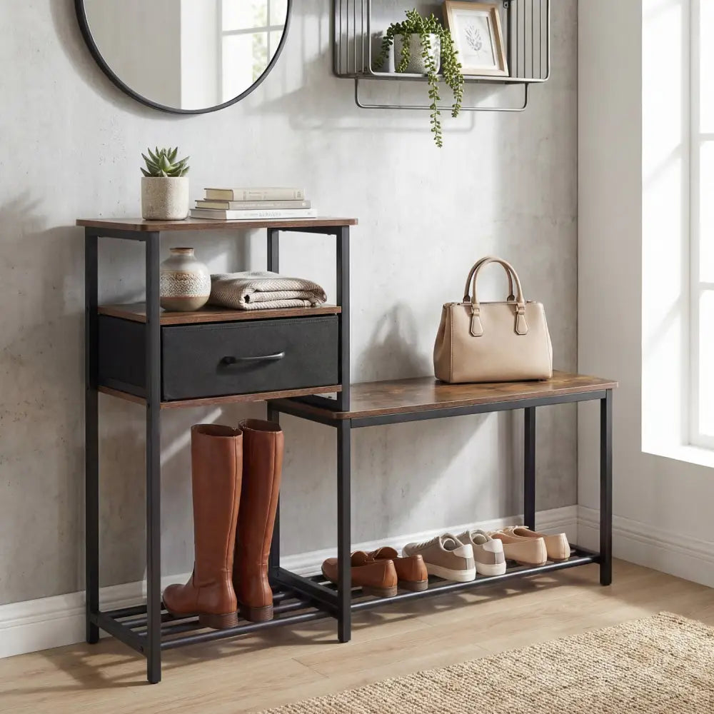 3-Tier Shoe Storage Rack Bench with Drawer and Metal Frame-Rustic Brown - Rustic Brown - Shoe Racks & Storage Benches