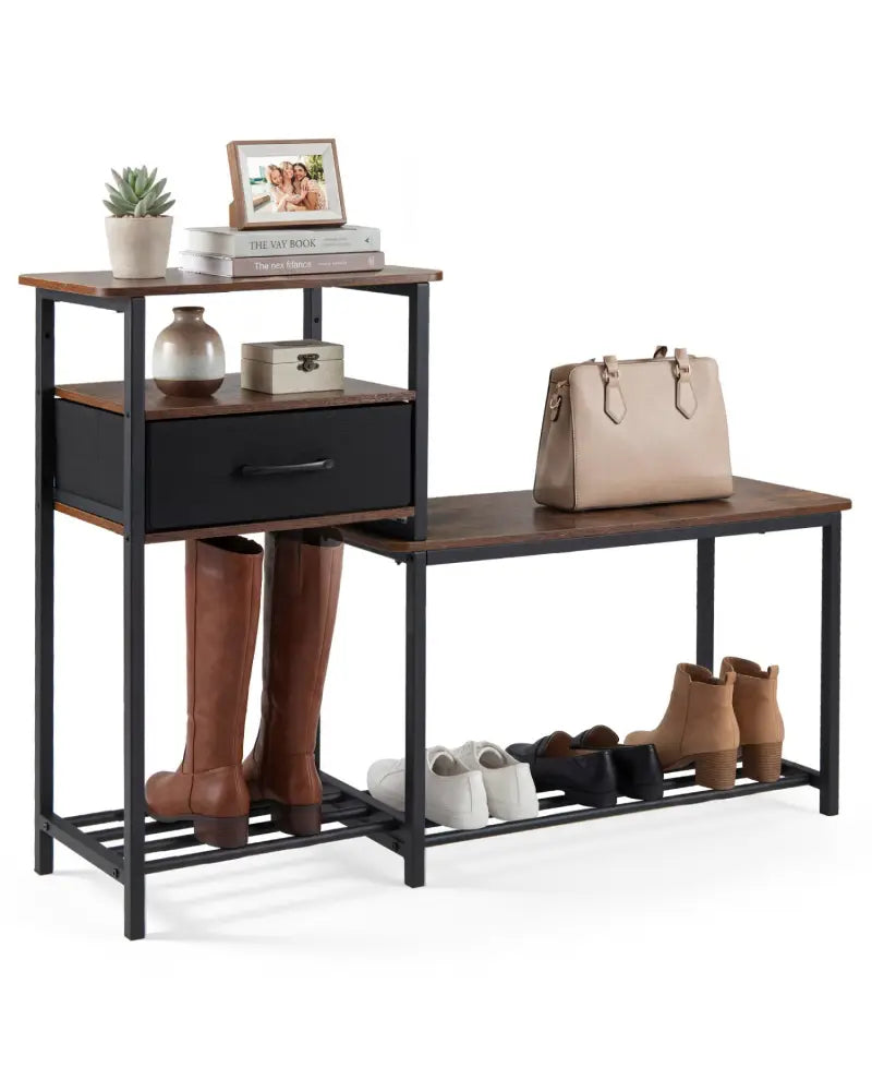 3-Tier Shoe Storage Rack Bench with Drawer and Metal Frame-Rustic Brown - Rustic Brown - Shoe Racks & Storage Benches
