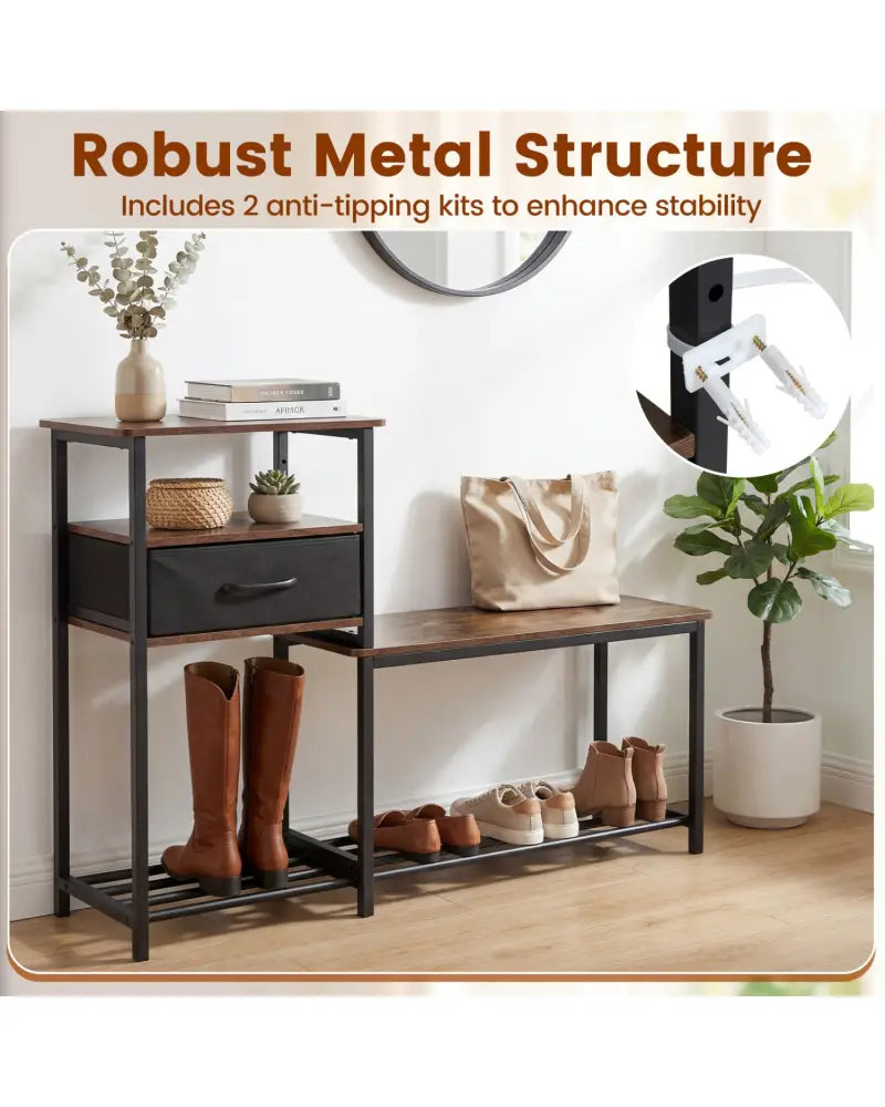 3-Tier Shoe Storage Rack Bench with Drawer and Metal Frame-Rustic Brown - Rustic Brown - Shoe Racks & Storage Benches