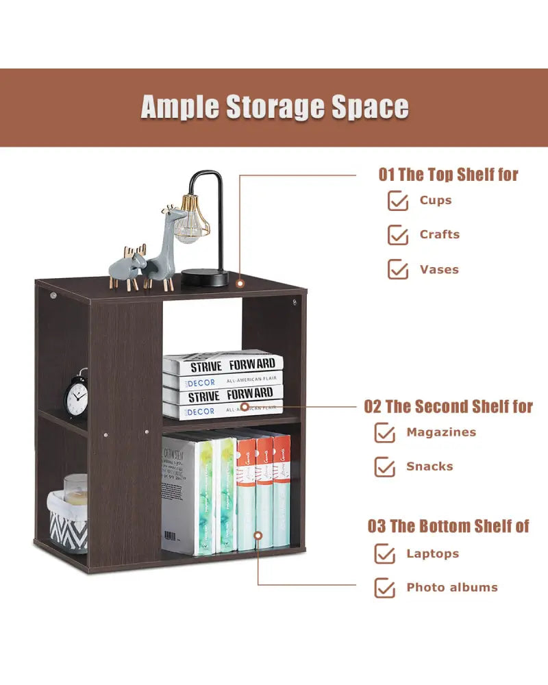 3-Tier Side End Table with Storage Shelves -Brown - Brown - End & Side Tables