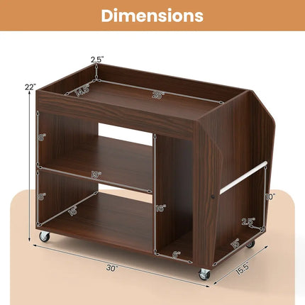 3-Tier Side End Table with Universal Wheels-Walnut Costway