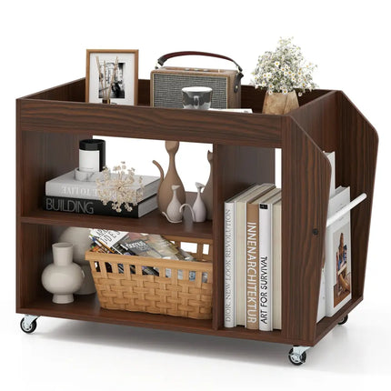 3-Tier Side End Table with Universal Wheels-Walnut Costway