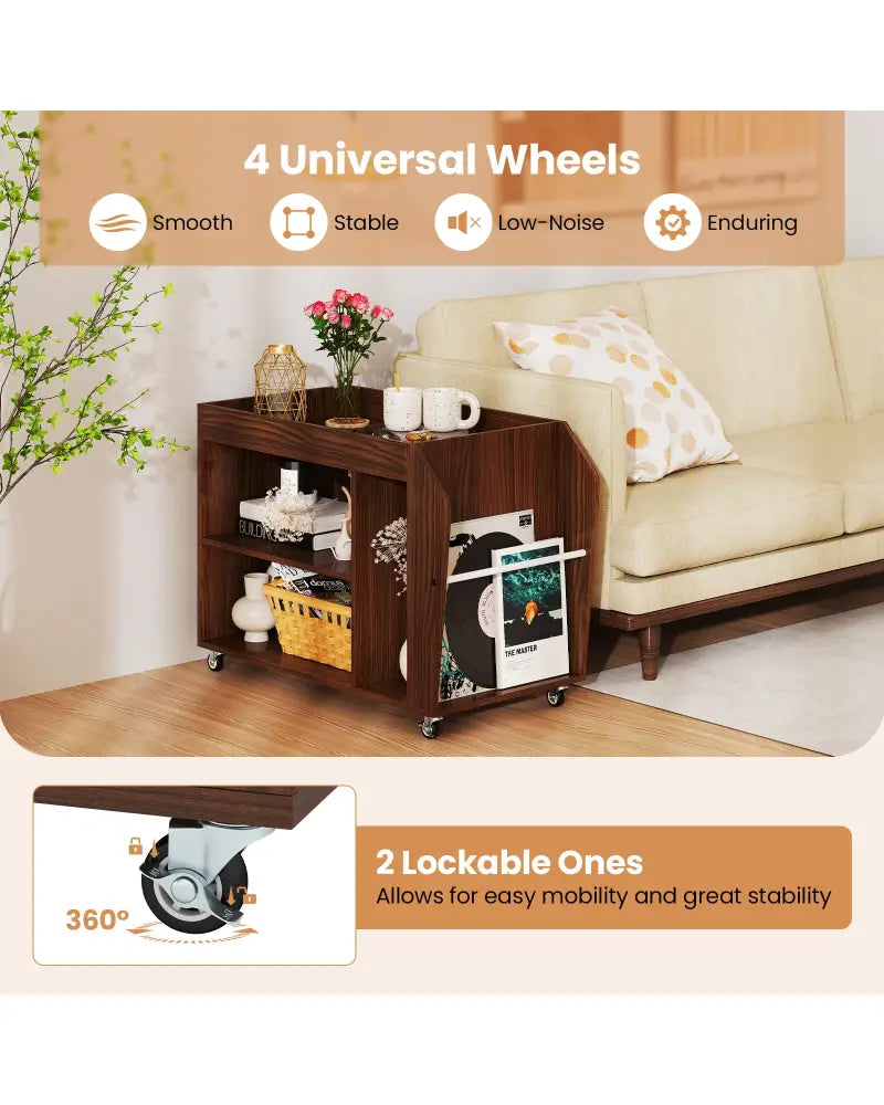 3-Tier Side End Table with Universal Wheels-Walnut - Walnut - End & Side Tables